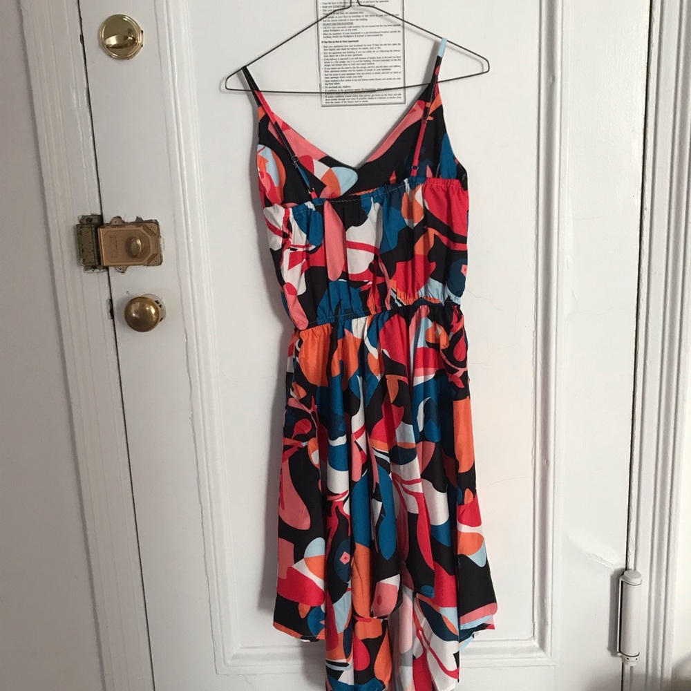 Multi color spaghetti strap asymmetric him dress